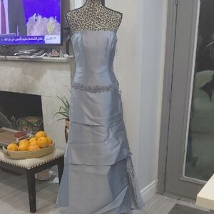 Montage by Mon Cheri Strapless Silver Gown